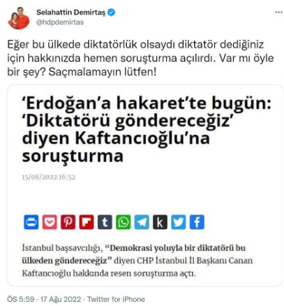 Selahattin Demirtaş'tan Cumhurbaşkanı Erdoğan'a hakaret eden Kaftancıoğlu'na destek!